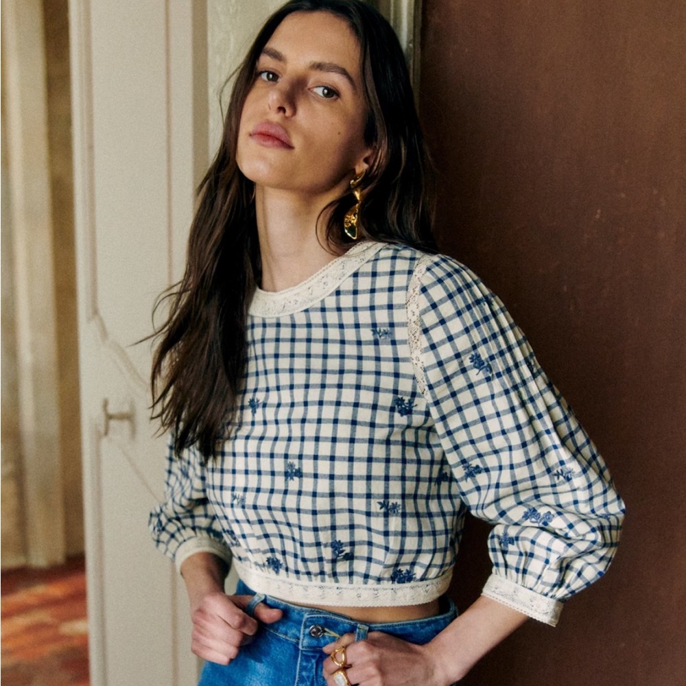 Sezane Thalyna Blouse Blue Floral Embroidery On Vichy Fabric - Size 4